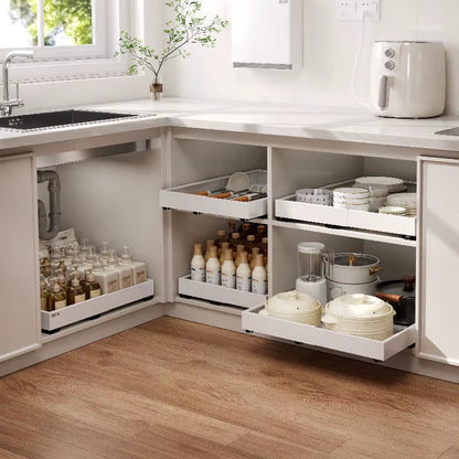 Adhesive Expandable Pull Out Drawers for Kitchen Cabinets Slide Out Drawers with Nano Film Storage Holders & Racks