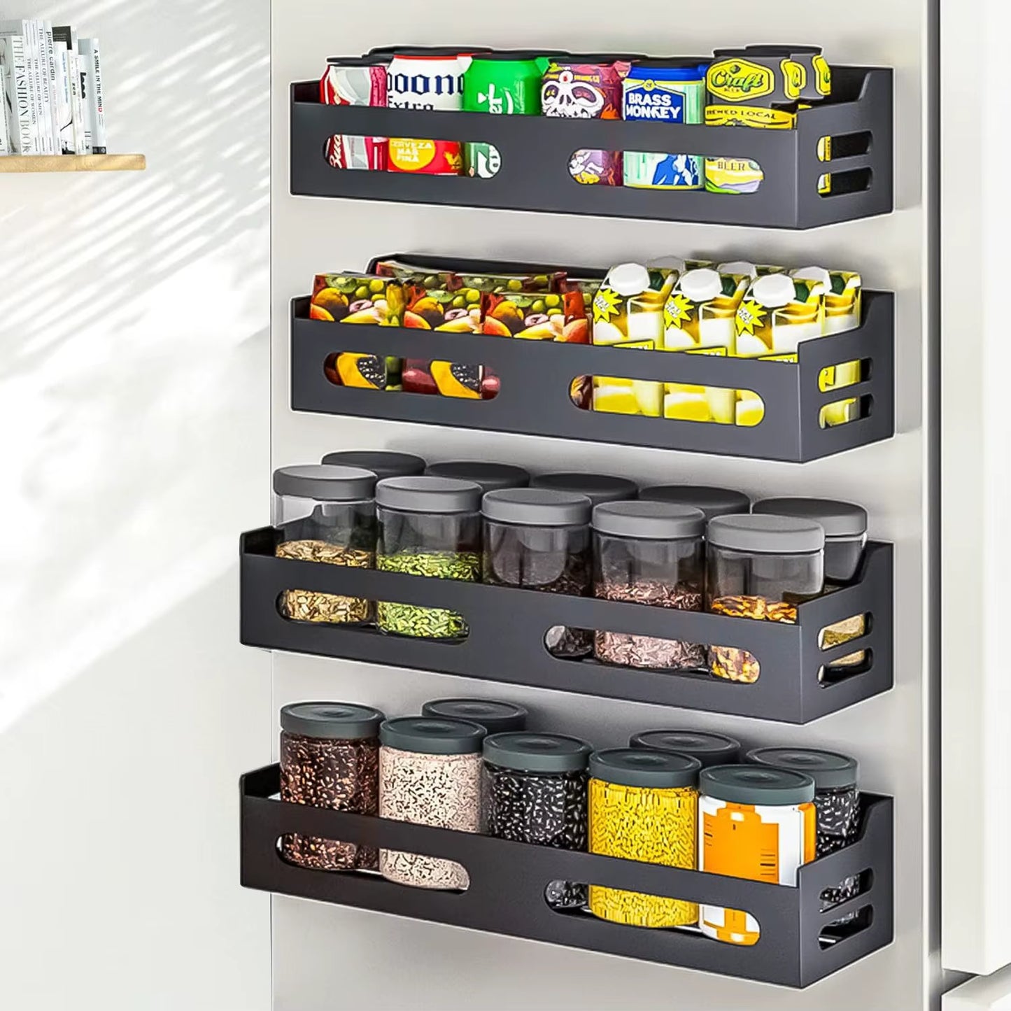Magnetic Metal Spice Rack Refrigerator Side-Mount Organizer Punch-Free Kitchen Storage Shelf Anti-Rust Design No Installation