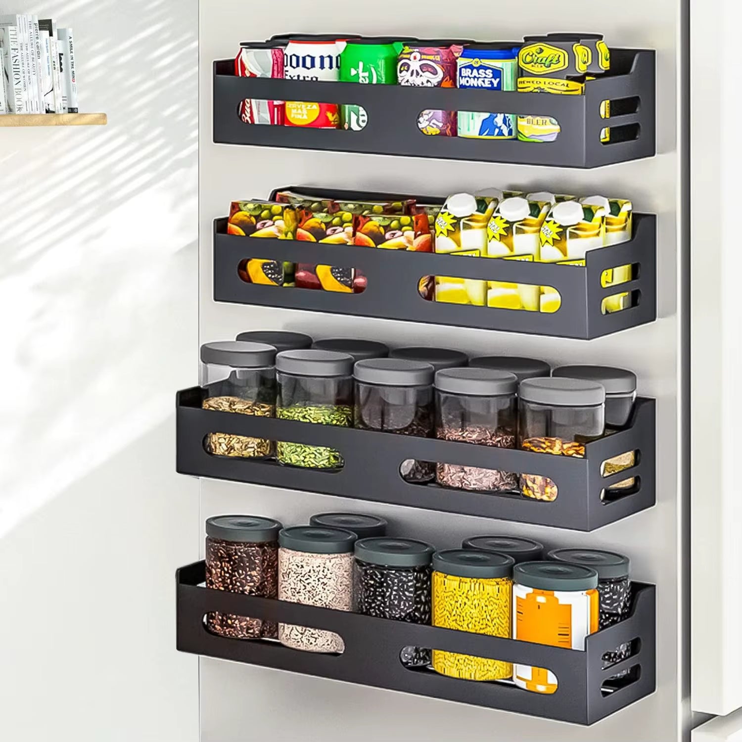 Magnetic Metal Spice Rack Refrigerator Side-Mount Organizer Punch-Free Kitchen Storage Shelf Anti-Rust Design No Installation
