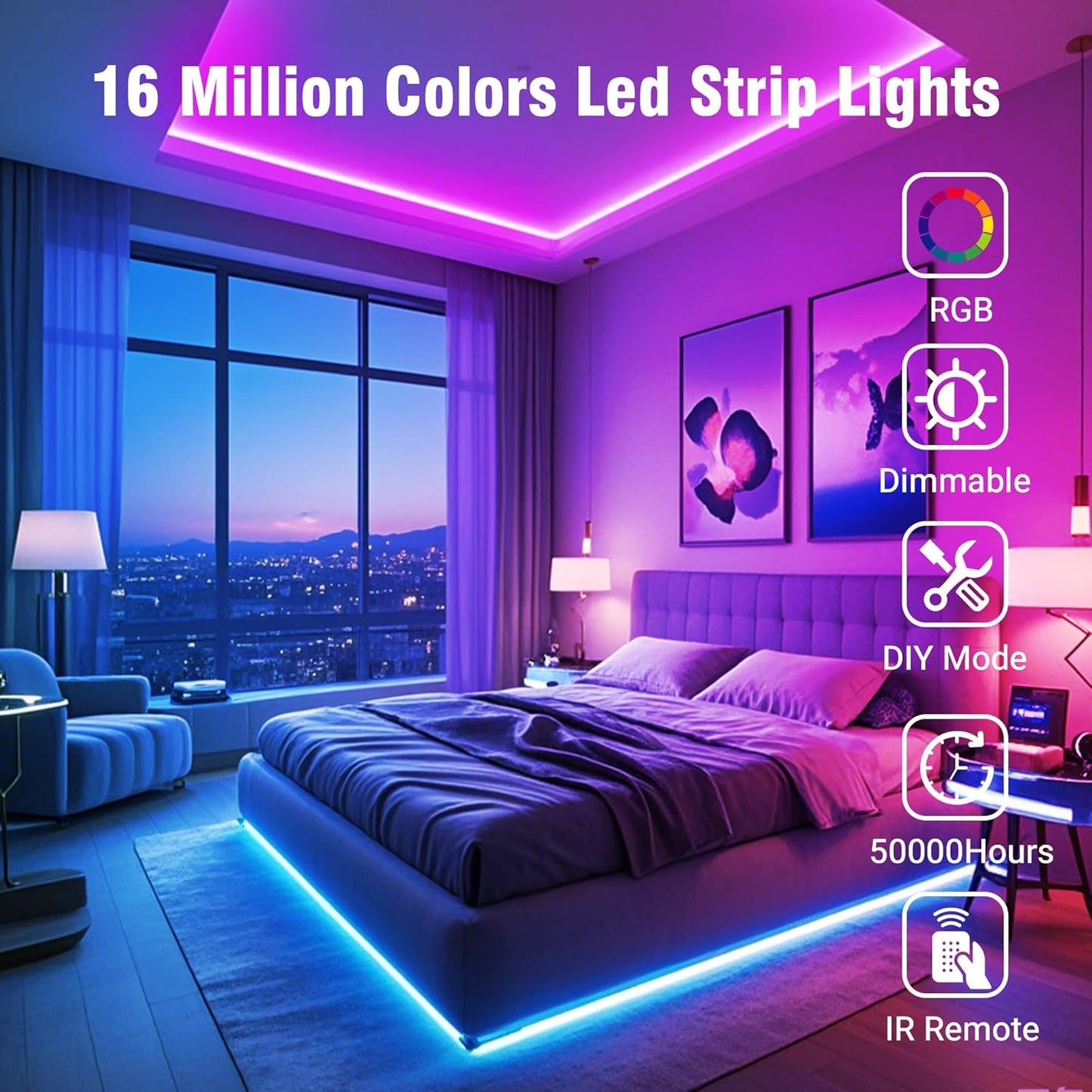 100FT RGB LED Strip Lights for Bedroom with 24-Key IR Remote, Smart App Control, Music Synchronization, Ideal for Home Decor Lighting