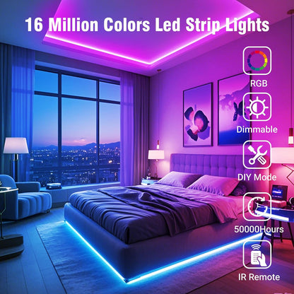 100FT RGB LED Strip Lights for Bedroom with 24-Key IR Remote, Smart App Control, Music Synchronization, Ideal for Home Decor Lighting