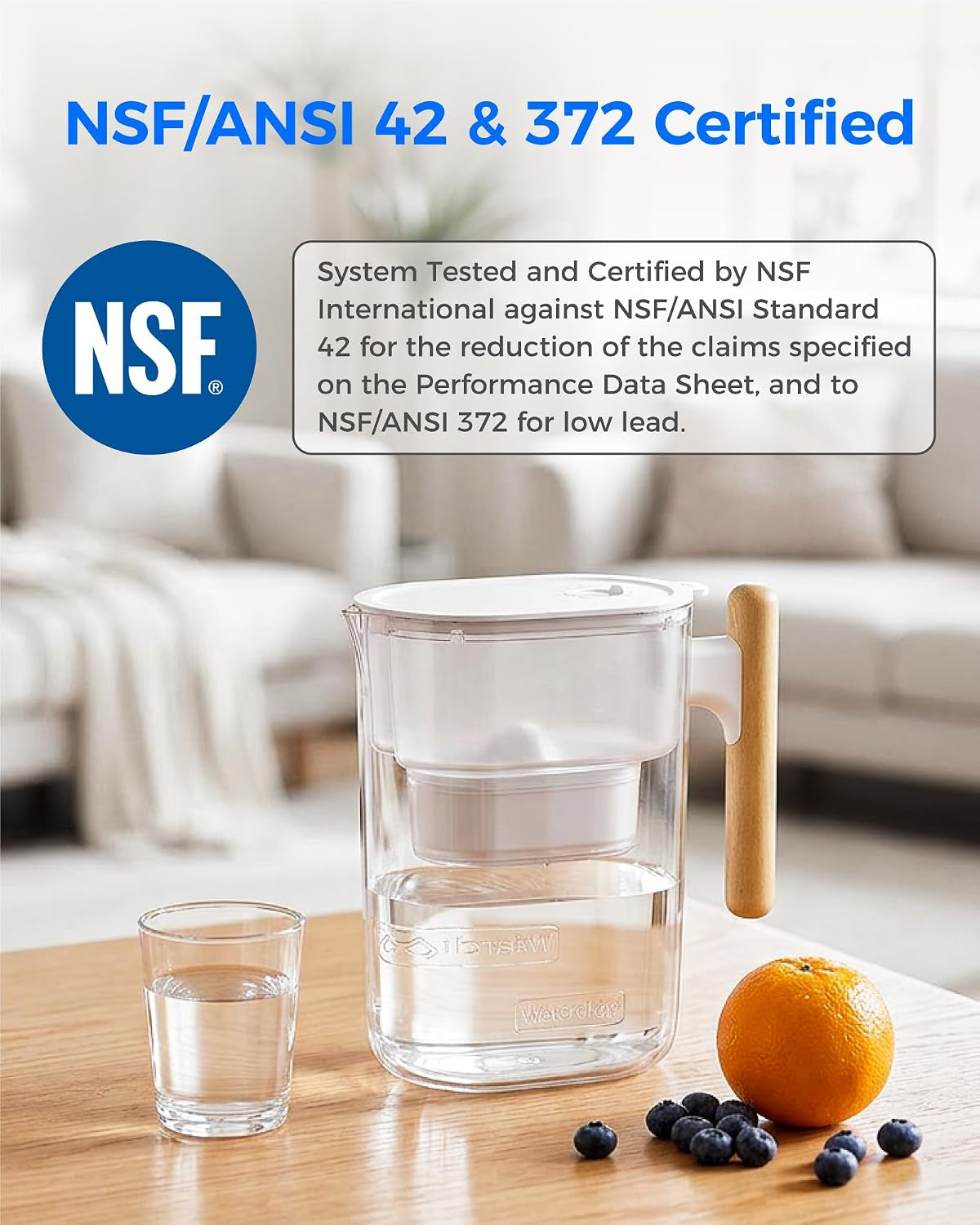 PT-04C Water Filter Pitcher, 10-Cup, NSF Certified, Clear | 200-Gallon Long-Life Filter, 5X Longer Filter Life, Reduces PFOA/PFOS and Chlorine, Bpa-Free, Sturdy Wooden Handle