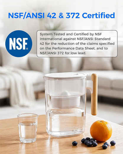 PT-04C Water Filter Pitcher, 10-Cup, NSF Certified, Clear | 200-Gallon Long-Life Filter, 5X Longer Filter Life, Reduces PFOA/PFOS and Chlorine, Bpa-Free, Sturdy Wooden Handle