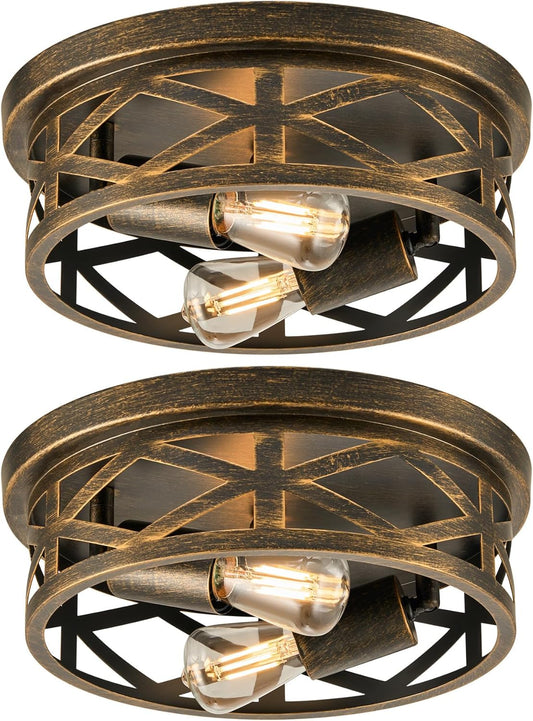 Flush Mount Ceiling Light Fixture, 11-Inch, 2-Light Design, Farmhouse Metal Cage Style for Hallway and Kitchen, Adjustable Lamp Holder, Oil-Rubbed Bronze Finish, Set of 2, ETL Listed
