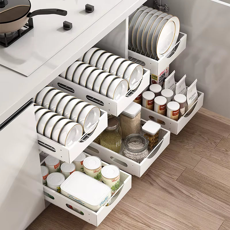 Pull Out Cabinet Organization Fixed with Adhesive Slide Out Drawer Storage Shelves for Kitchen Cabinets