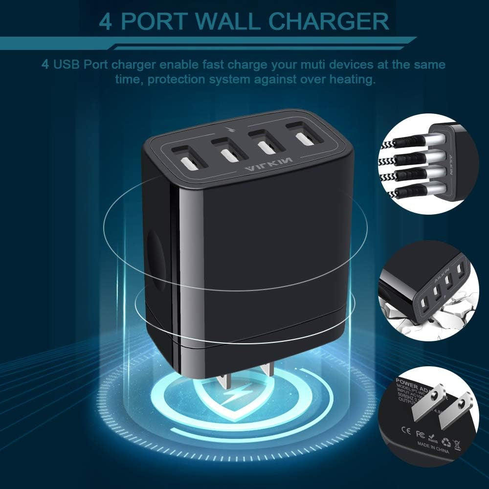 Multi-Port USB Wall Charger Adapter - 4.8A Fast Charging Power Base for iPhone, Samsung, and Kindle Devices