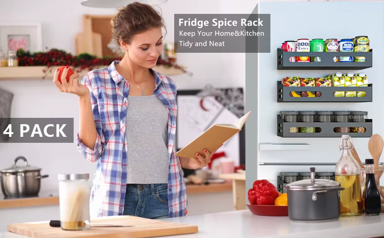 Magnetic Metal Spice Rack Refrigerator Side-Mount Organizer Punch-Free Kitchen Storage Shelf Anti-Rust Design No Installation