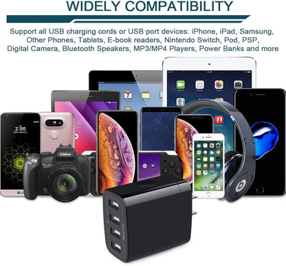 Multi-Port USB Wall Charger Adapter - 4.8A Fast Charging Power Base for iPhone, Samsung, and Kindle Devices