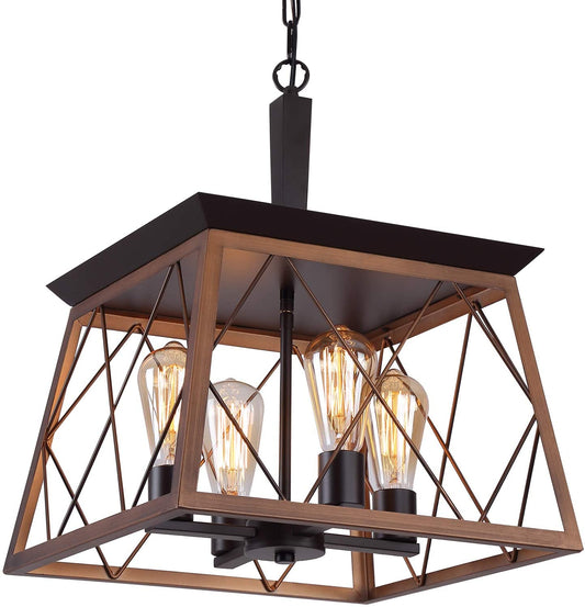 Rustic Farmhouse Chandeliers - Antique Geometric Industrial Hanging Light in Bronze, 4 Lights for Dining Room, Kitchen Island, Entryway, Foyer, and Restaurant - UL Listed