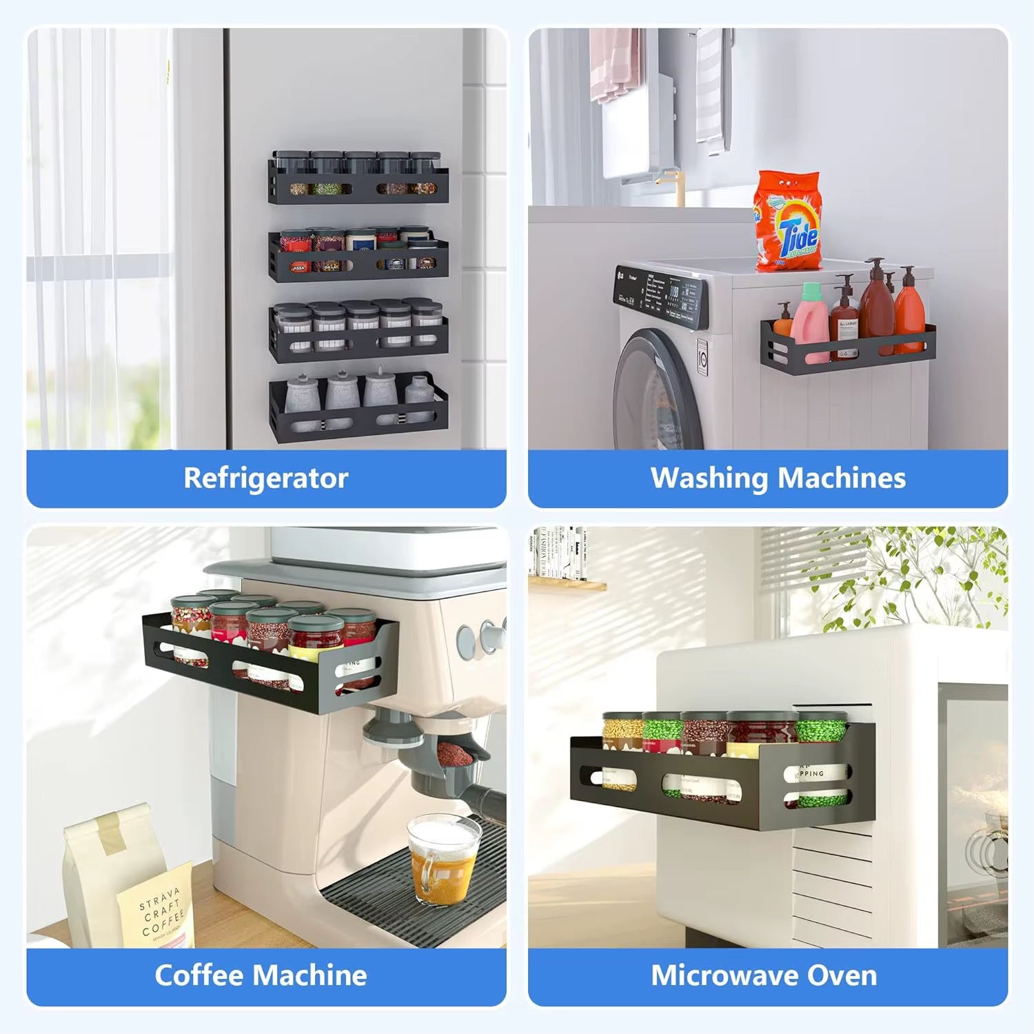 Magnetic Metal Spice Rack Refrigerator Side-Mount Organizer Punch-Free Kitchen Storage Shelf Anti-Rust Design No Installation