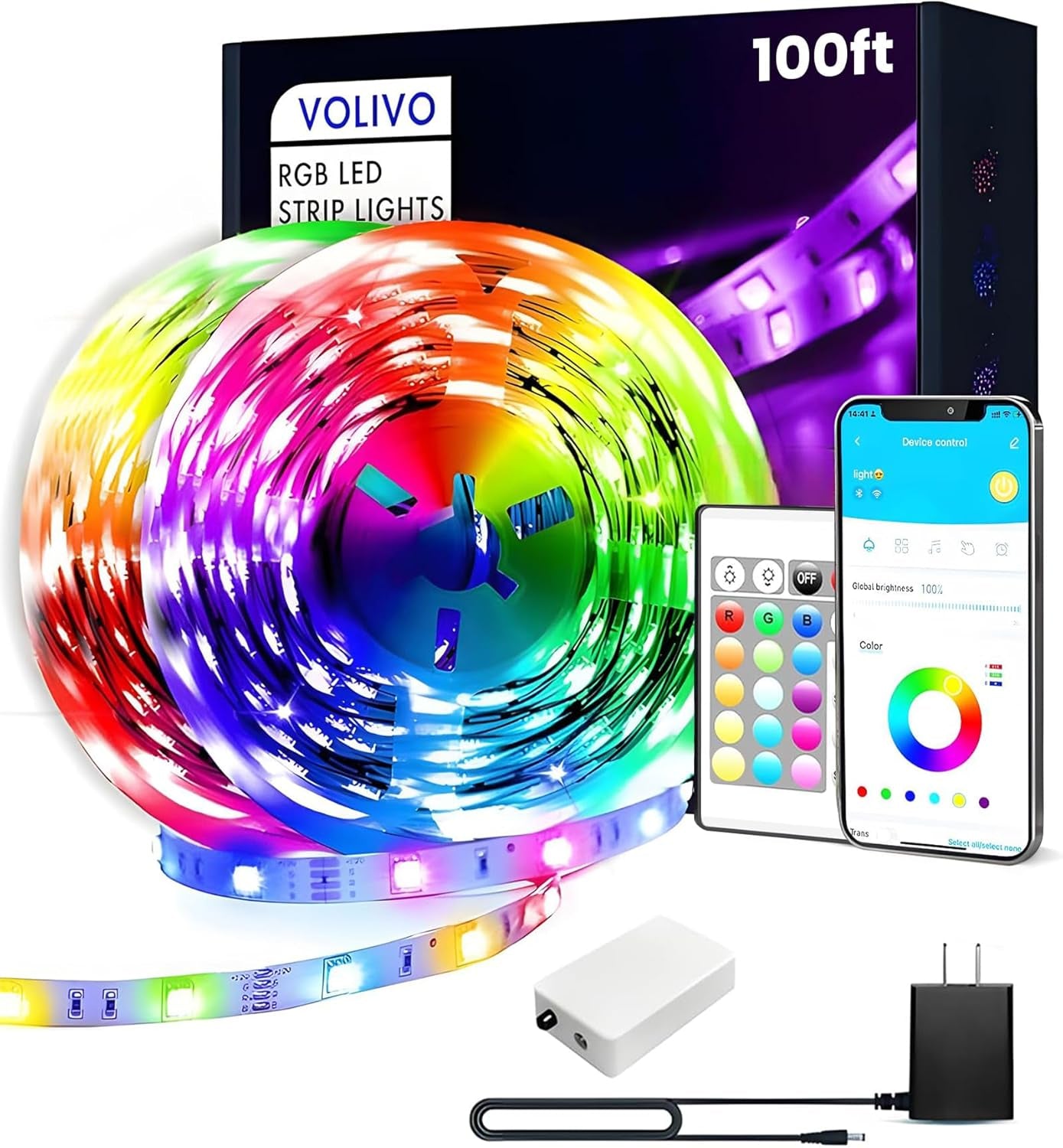 100FT RGB LED Strip Lights for Bedroom with 24-Key IR Remote, Smart App Control, Music Synchronization, Ideal for Home Decor Lighting