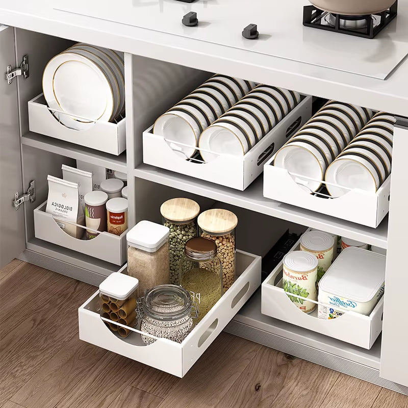 Pull Out Cabinet Organization Fixed with Adhesive Slide Out Drawer Storage Shelves for Kitchen Cabinets