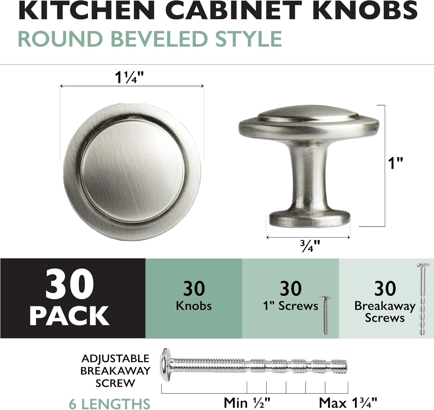 Satin Nickel Round Cabinet Knobs and Drawer Handles, 30-Pack for Kitchen and Furniture Hardware