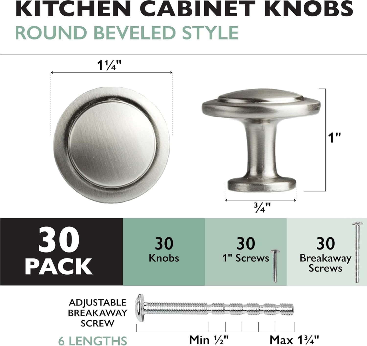 Satin Nickel Round Cabinet Knobs and Drawer Handles, 30-Pack for Kitchen and Furniture Hardware